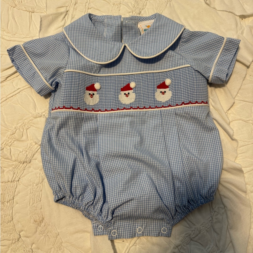 Smocked Blue Gingham Baby Bubble with Santa Embroidery